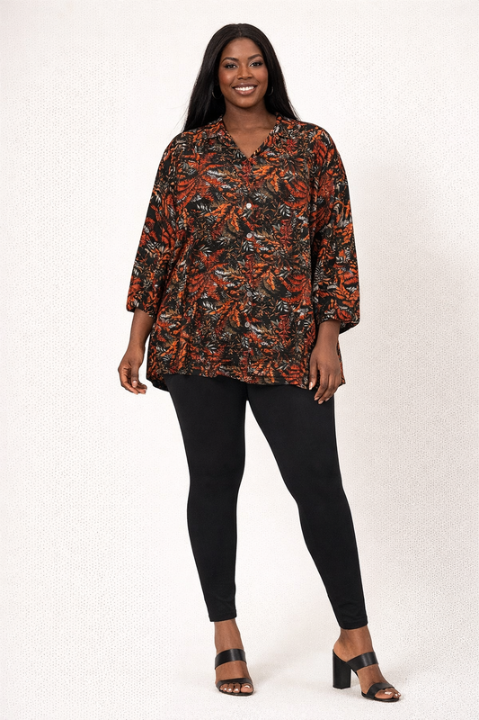 Autumn Print Batwing Loose Top with Black Leggings