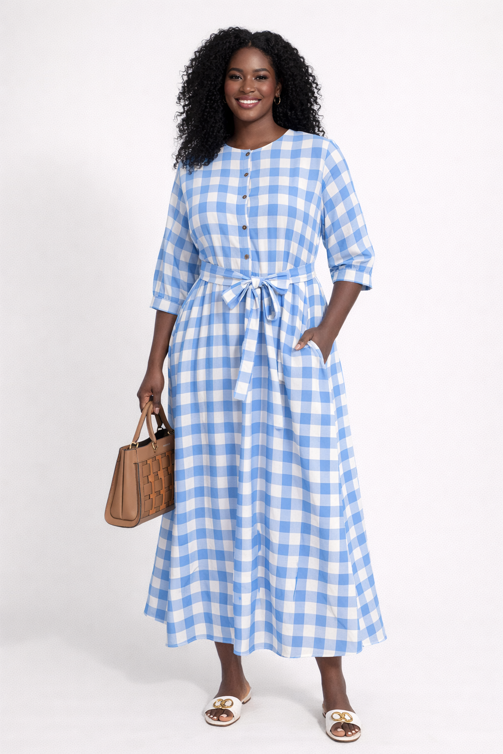Classic Gingham Maxi Dress with Waist Tie & Pockets – Blue