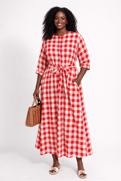 Classic Gingham Maxi Dress with Waist Tie & Pockets – Red