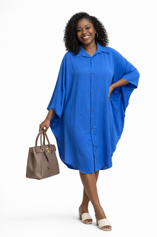 FlowEase Batwing Shirt Dress – Blue