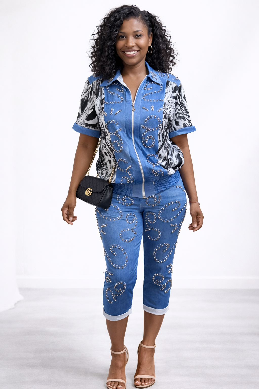 Embellished Denim Zip-Up Two-Piece Set (Blue Mix)