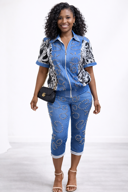 Embellished Denim Zip-Up Two-Piece Set (Blue Mix)