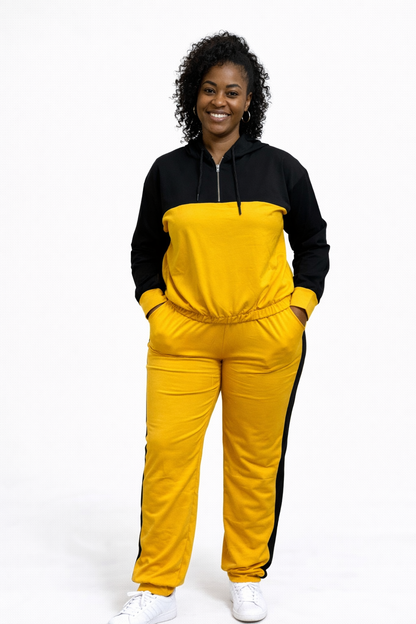Color-Block Yellow  & Black Hoodie Tracksuit Set