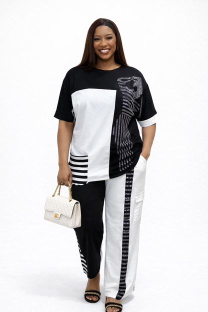 Black & White Abstract Contrast Two-Piece Pant Set