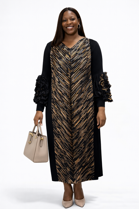 One Size  Black & Gold Mix  Pleated Miyaki Dress - Stretchy Fabric