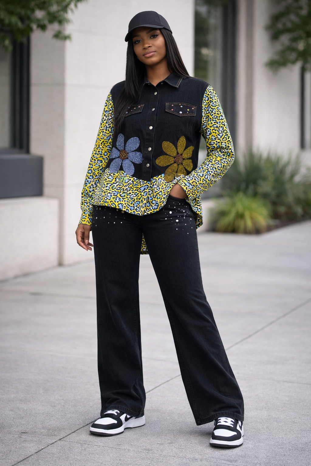 Casual Combo – Denim Pants & Chiffon Mix Flower Print Top