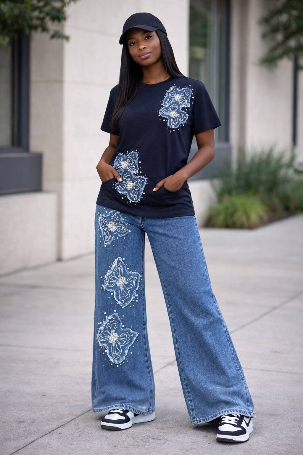 Luxury Embellished Denim Set – Beaded Floral T-Shirt & Wide-Leg Jeans (2-Piece)