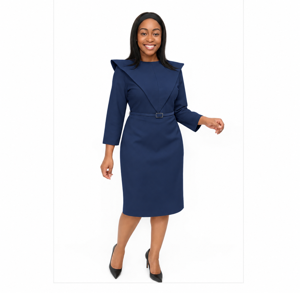 Premium Blue Colour Cape-Collar Midi Dress