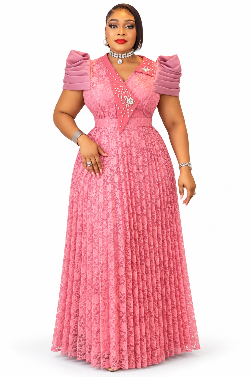 Pink Lace Maxi Dress with Pleated Skirt and Embellished Neckline