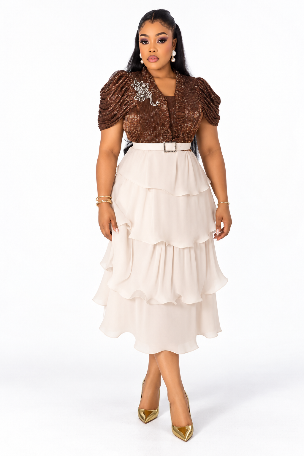 Chocolate Brown Shimmer Top & Cream Ruffle Skirt Set