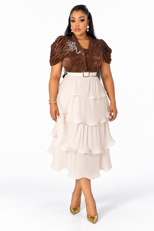 Chocolate Brown Shimmer Top & Cream Ruffle Skirt Set