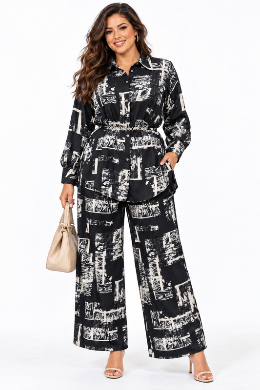 Monochrome Abstract Print Shirt & Wide-Leg Pant Set