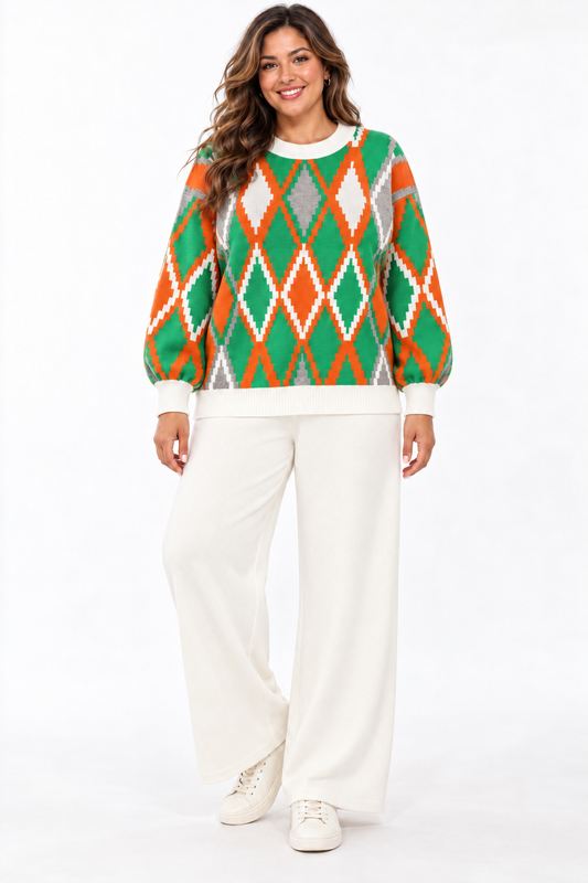 Colourful Diamond Knit Sweater & Wide-Leg Pant Set
