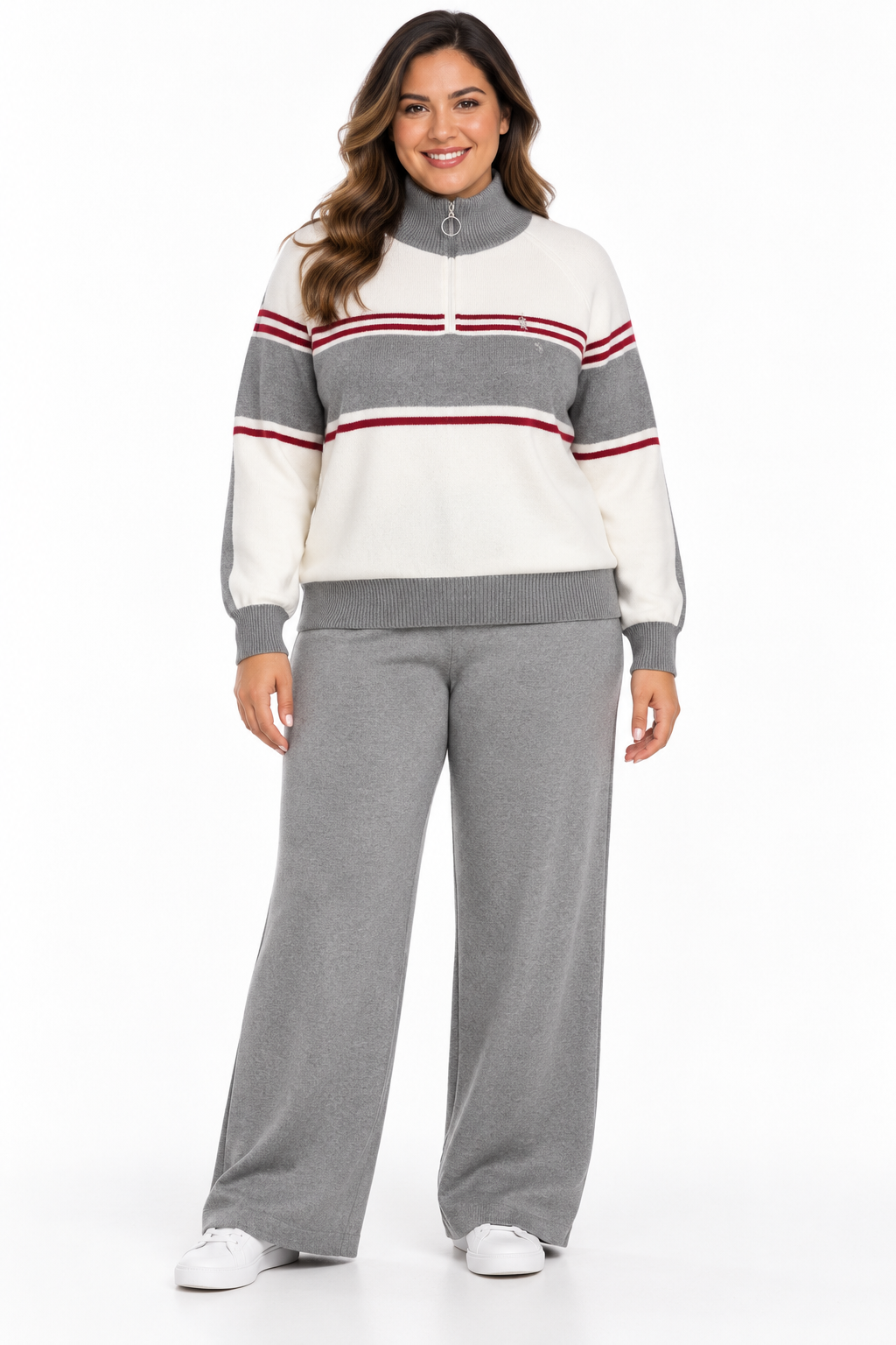 Grey Stripe Zip-Neck Knit Two-Piece Set