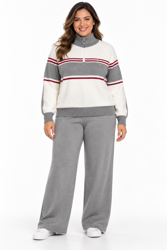 Grey Stripe Zip-Neck Knit Two-Piece Set