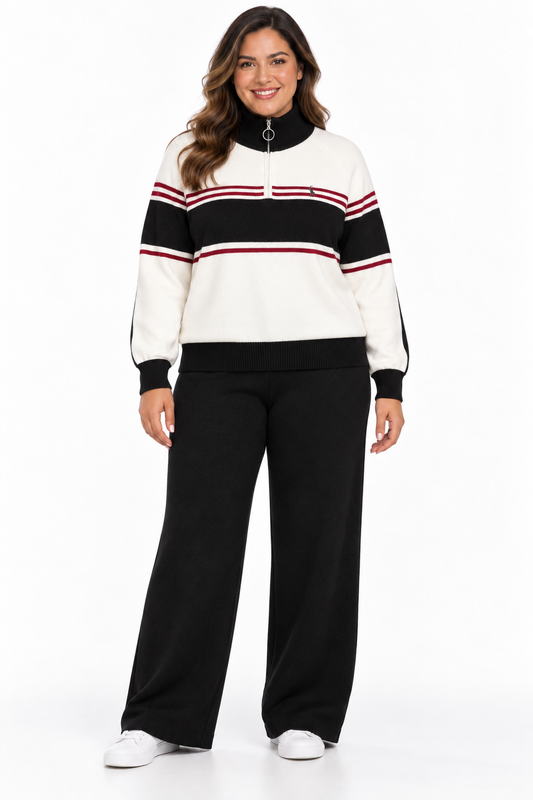 Black Stripe Zip-Neck Knit Two-Piece Set
