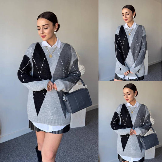 Grey & Black Argyle Oversized Knit Sweater