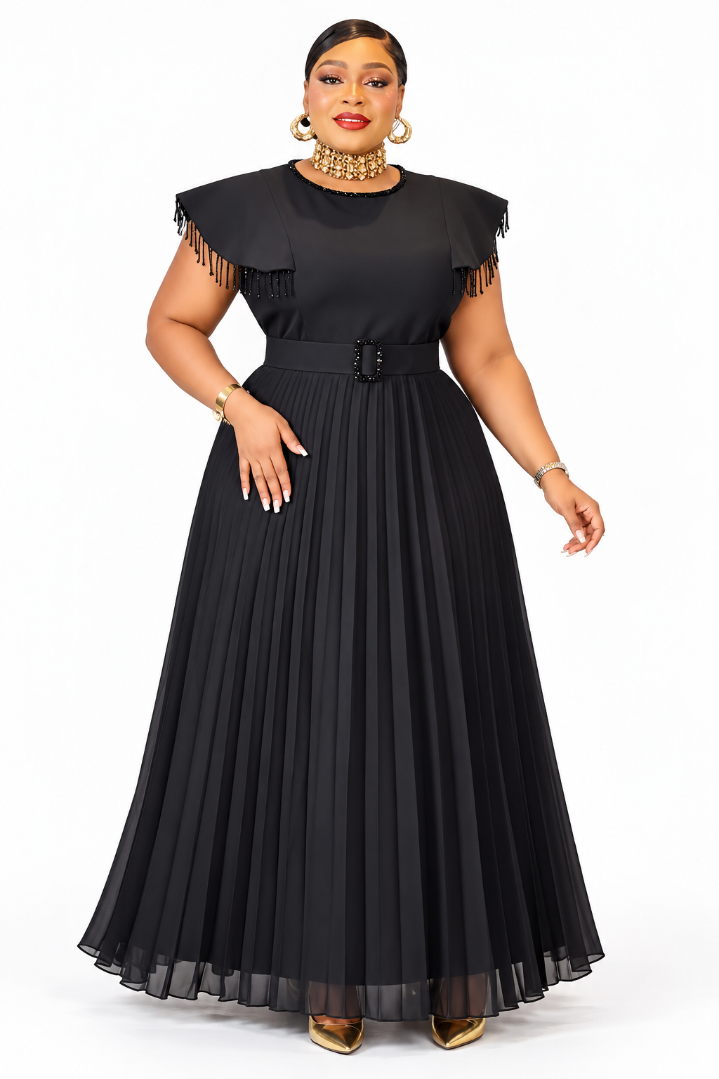 Midnight Elegance Fringe-Shoulder Pleated Maxi Dress