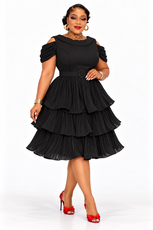 Black Cold-Shoulder Belted Dress with Tiered Pleated Skirt