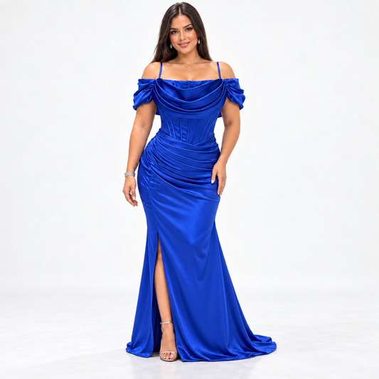 Royal Blue Off-Shoulder Satin Corset Gown with Side Slit