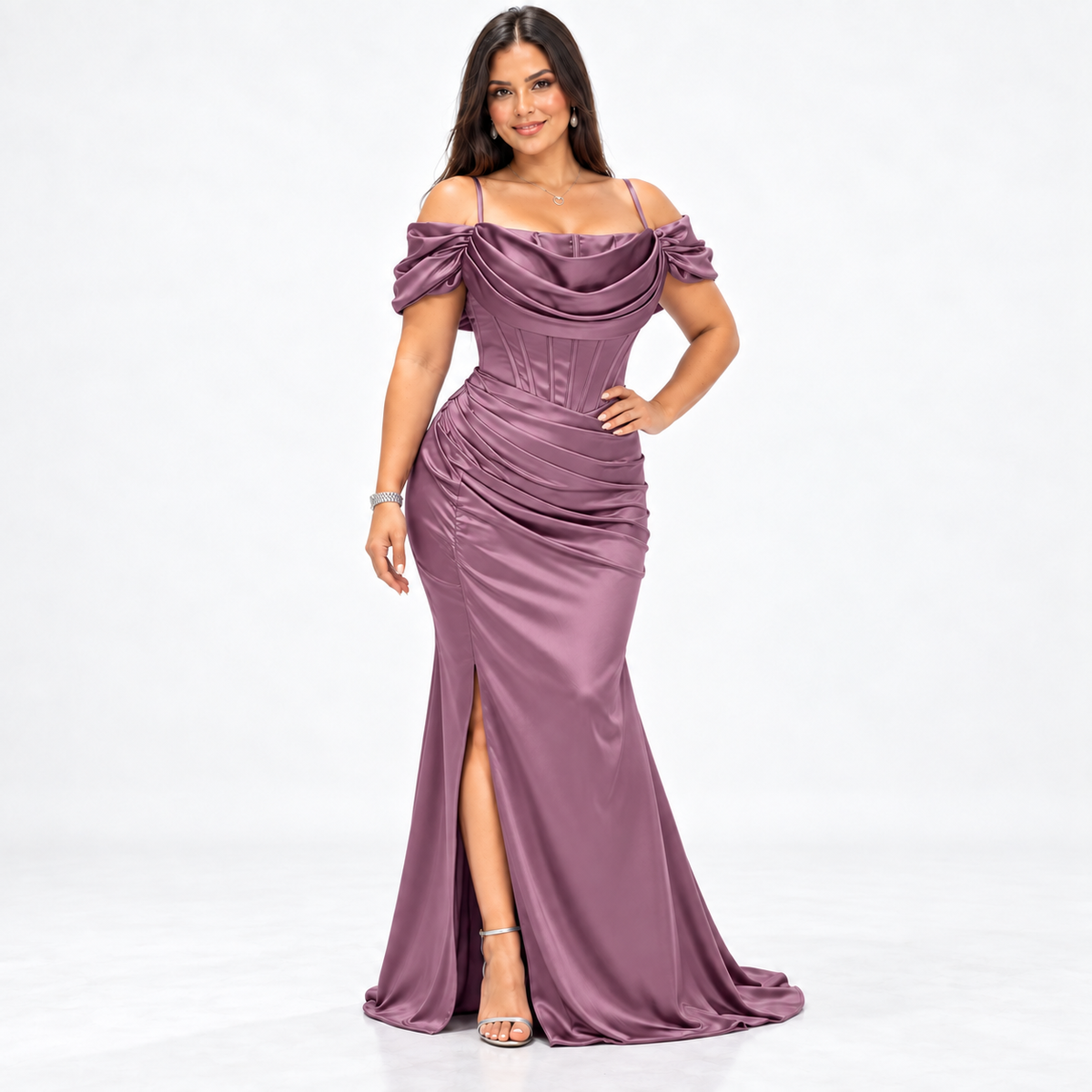 Mauve Off-Shoulder Satin Corset Gown with Side Slit