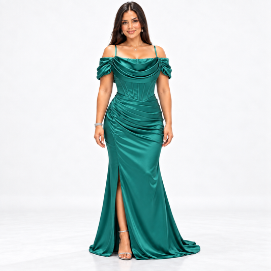 Emerald Green Off-Shoulder Satin Corset Gown with Side Slit