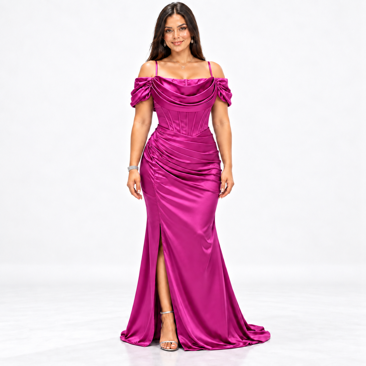 Fuchsia Off-Shoulder Satin Corset Gown with Side Slit