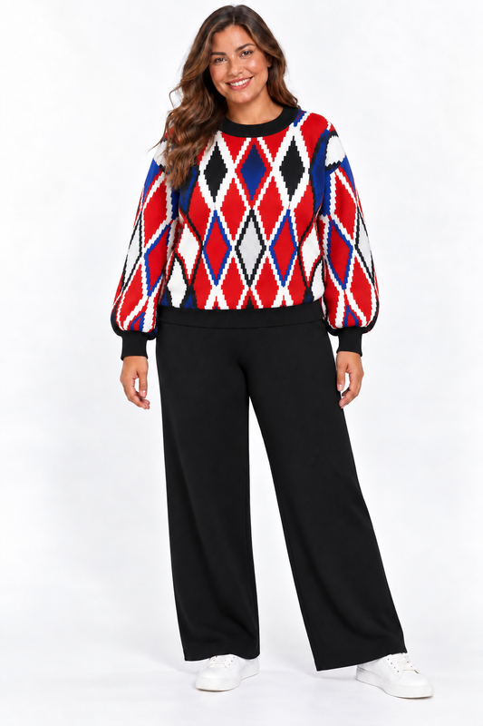 Bold Diamond Knit Sweater & Wide-Leg Pants Set