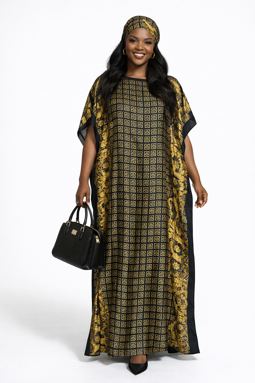 Luxury Black & Gold Floor-Length Kaftan Dress with Matching Head Scarf