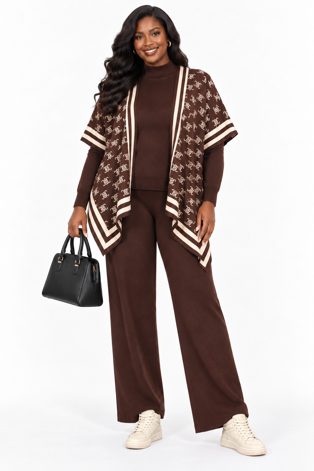 Chocolate Brown Three-Piece Knit Set with Printed Cap