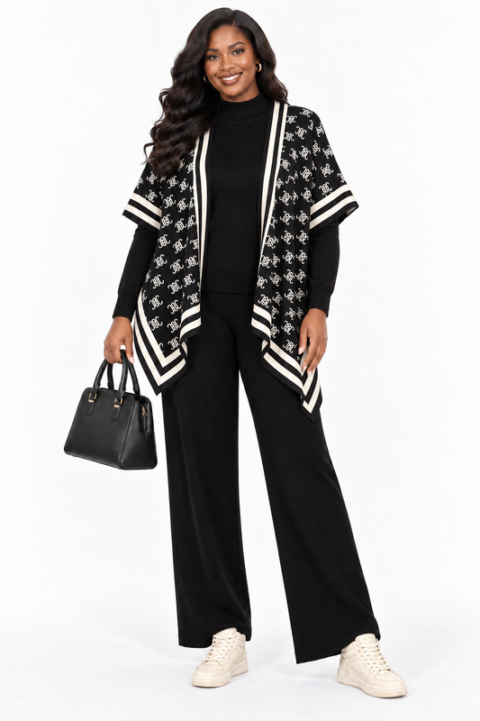 Black Three-Piece Knit Set with Printed Cape