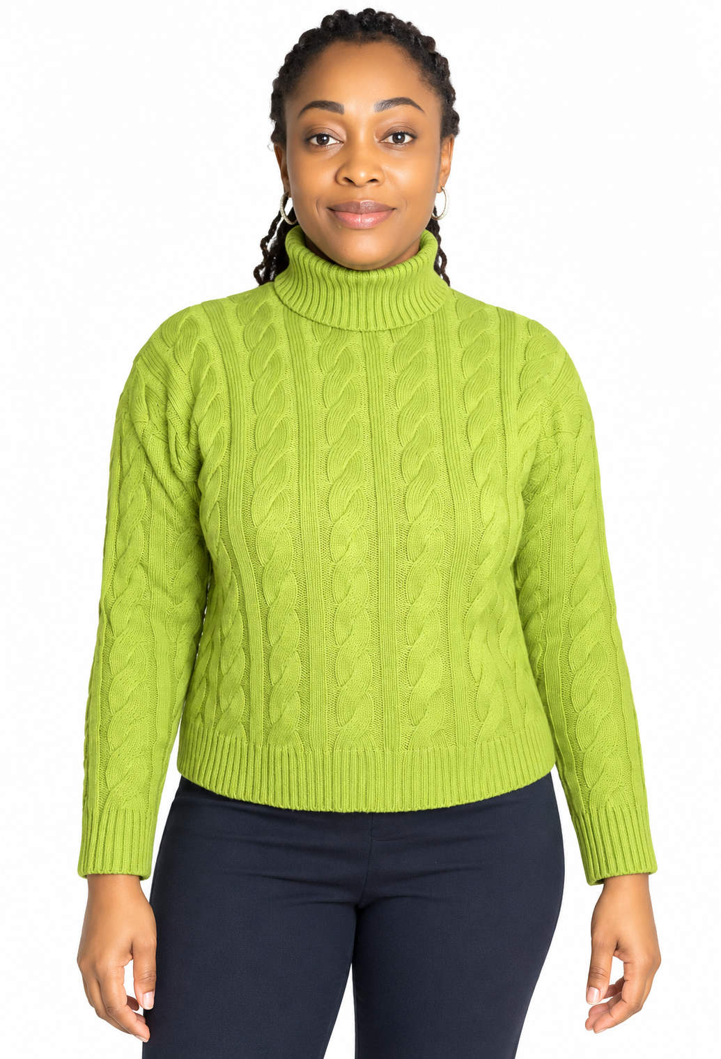 Lime Green Cable-Knit Turtleneck Sweater