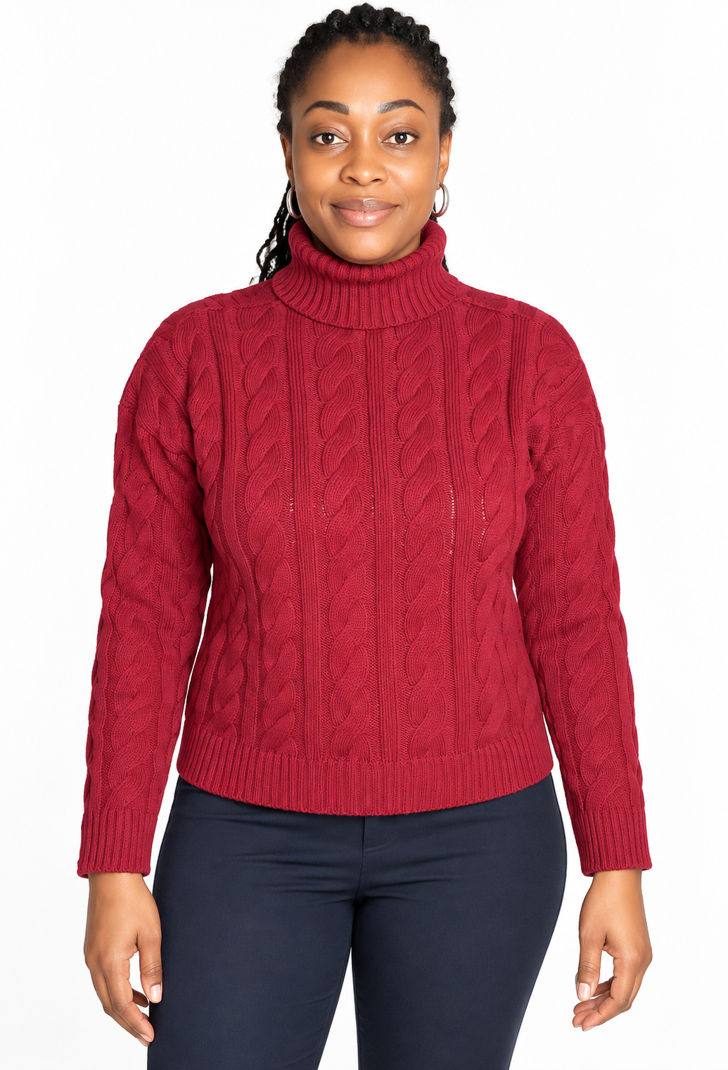 Burgundy Cable-Knit Turtleneck Sweater