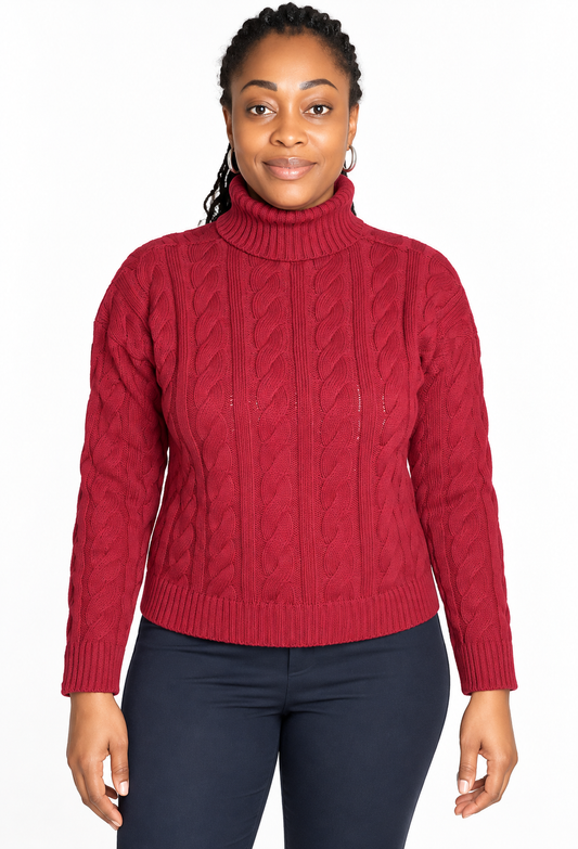 Burgundy Cable-Knit Turtleneck Sweater