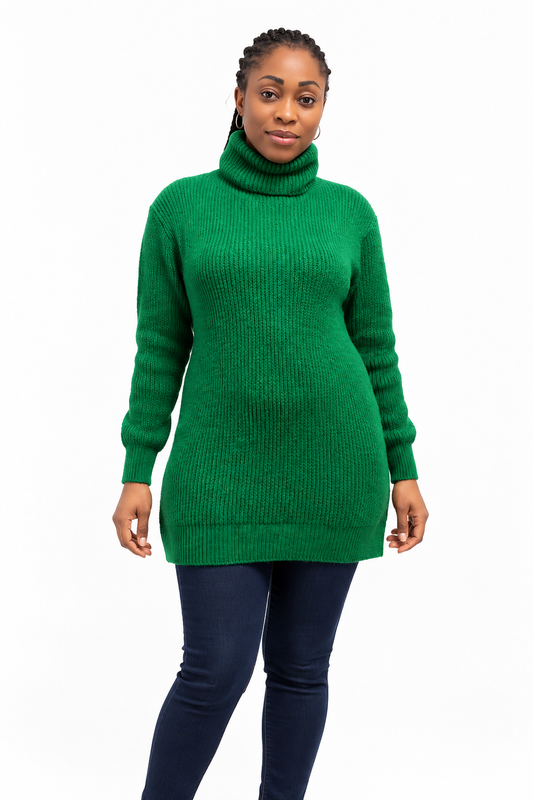 Emerald Green Chunky Knit Turtleneck Tunic Sweater