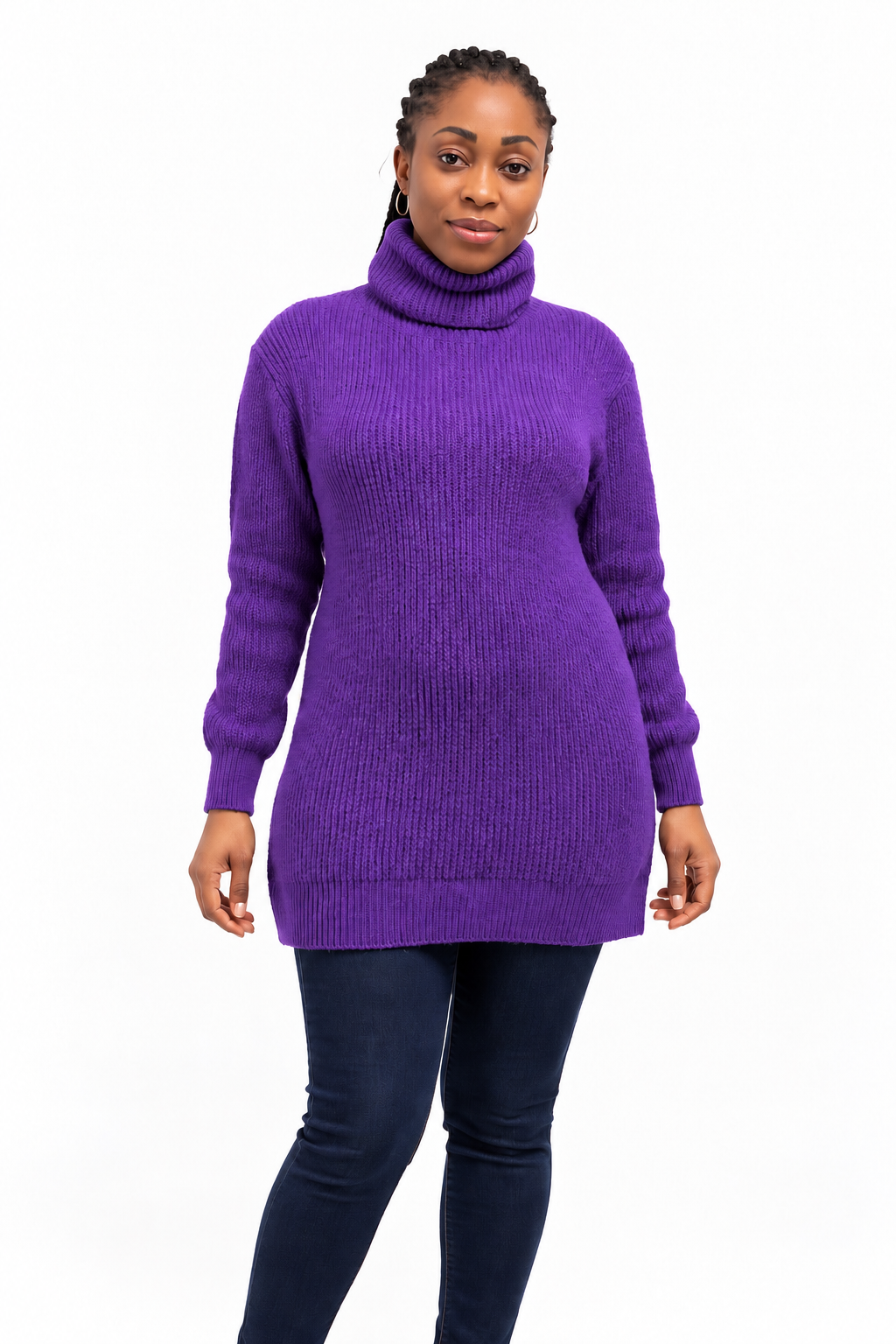 Purple Chunky Knit Turtleneck Tunic Sweater