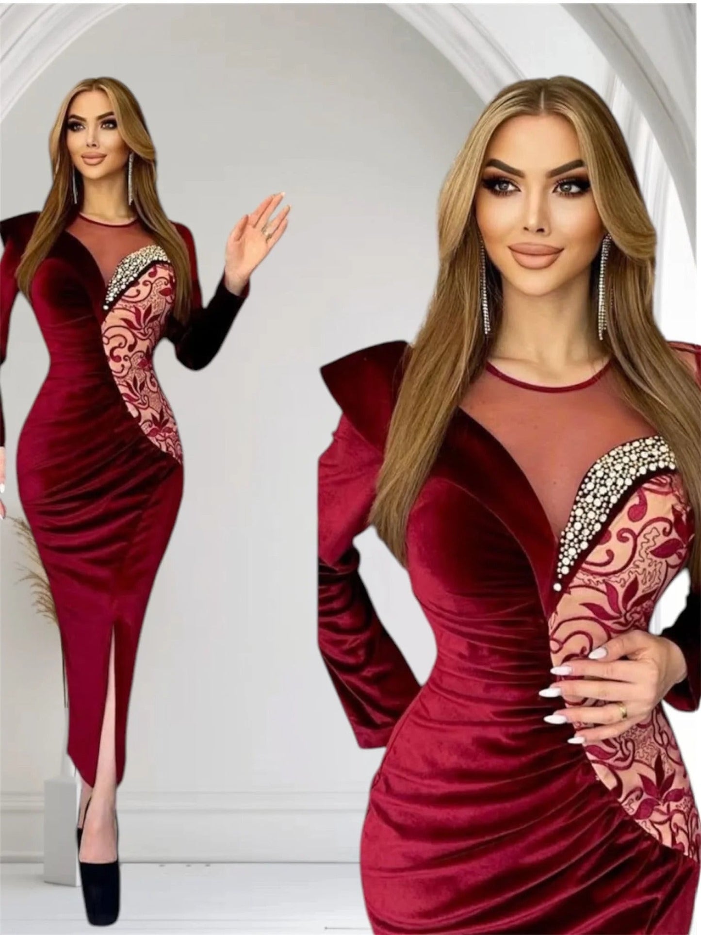 Elegant Velvet Front Slit Dress