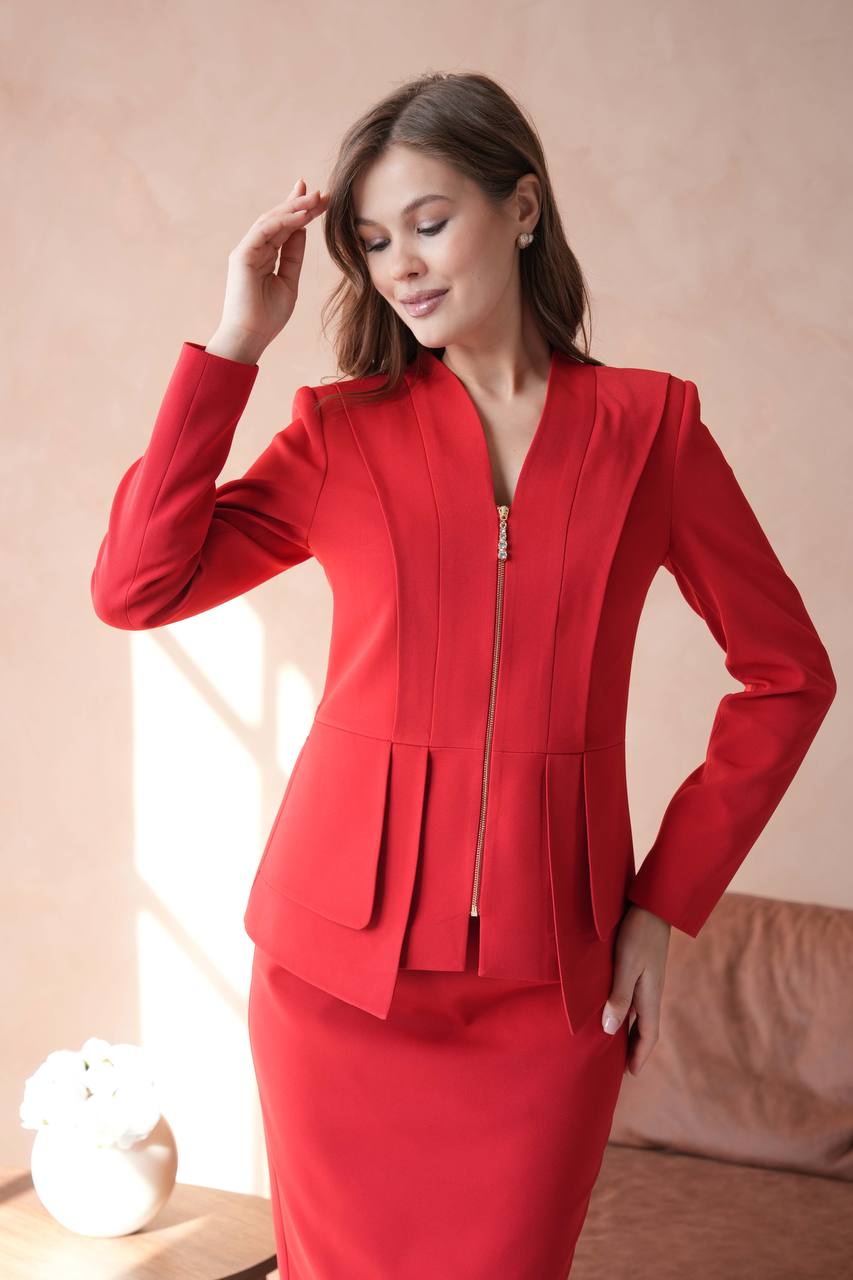 “Chic Zipper-Front Suit with Matching Skirt