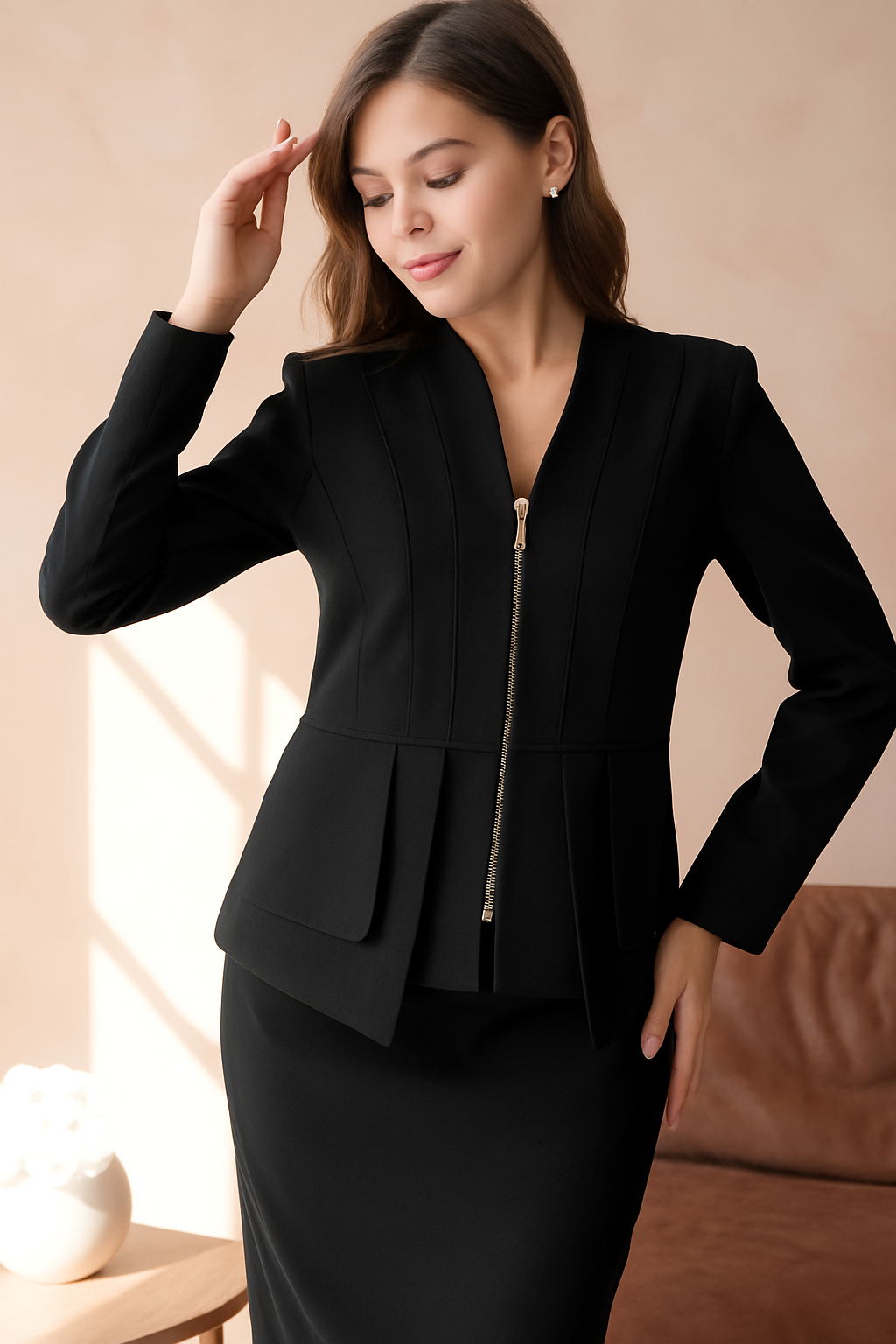 “Chic Black Zipper-Front Suit with Matching Skirt