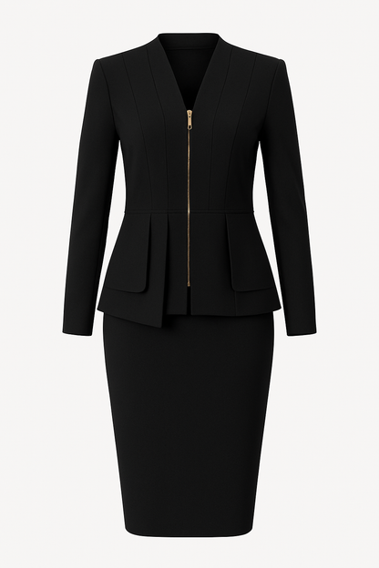 “Chic Black Zipper-Front Suit with Matching Skirt