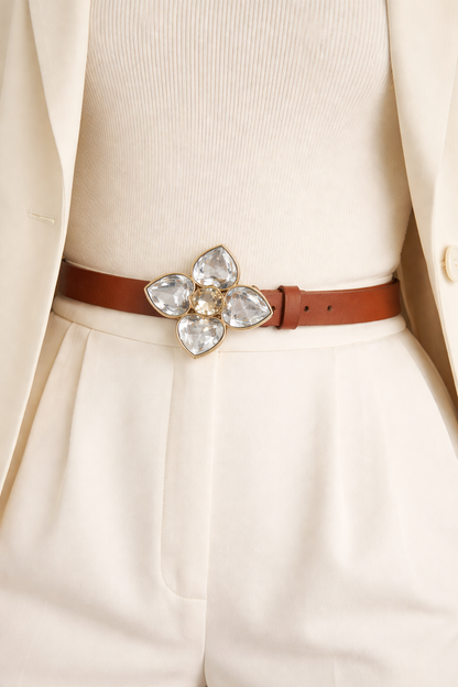Crystal Bloom Statement Belt – Brown & Gold