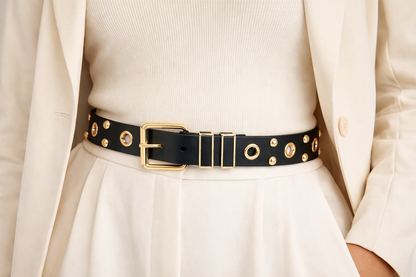Luxe Studded Statement Belt – Black & Gold