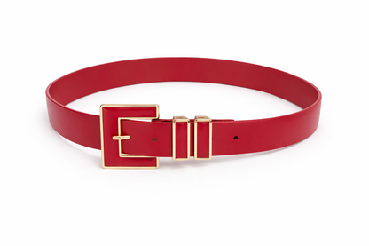 Luxury Red Statement Belt with Gold Square Buckle