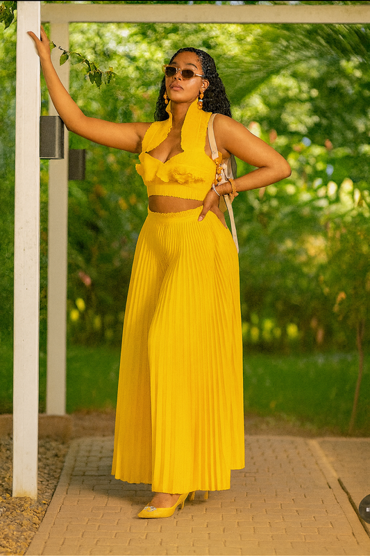 Vibrant Pleated Two-Piece Set with Ruffle Top