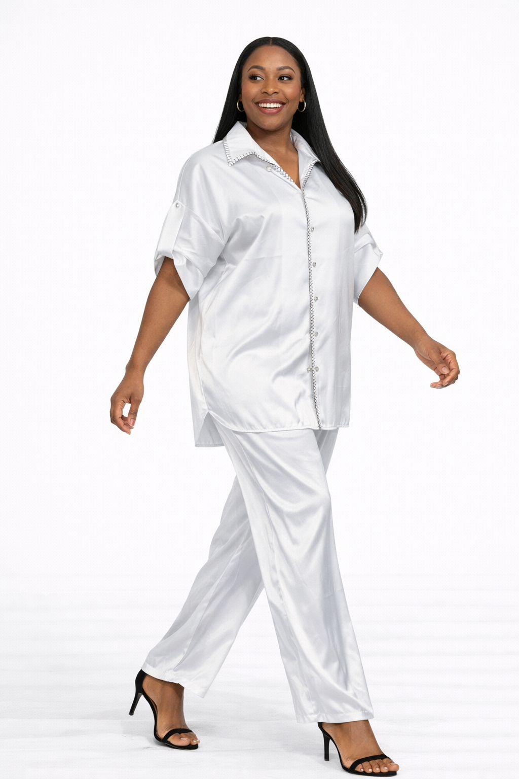 Elegant White Satin Two-Piece Lounge Set