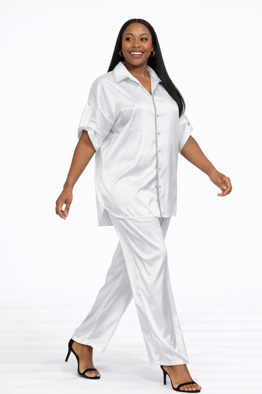 Elegant White Satin Two-Piece Lounge Set