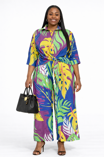 Tropical Leaf Print Two-Piece Wide-Leg Set