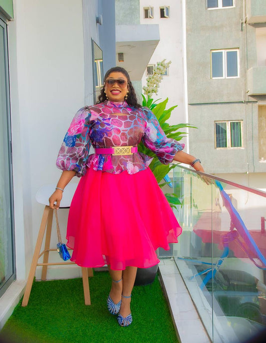 Pink Colour Peplum Dress- Silk & Chiffon Mix