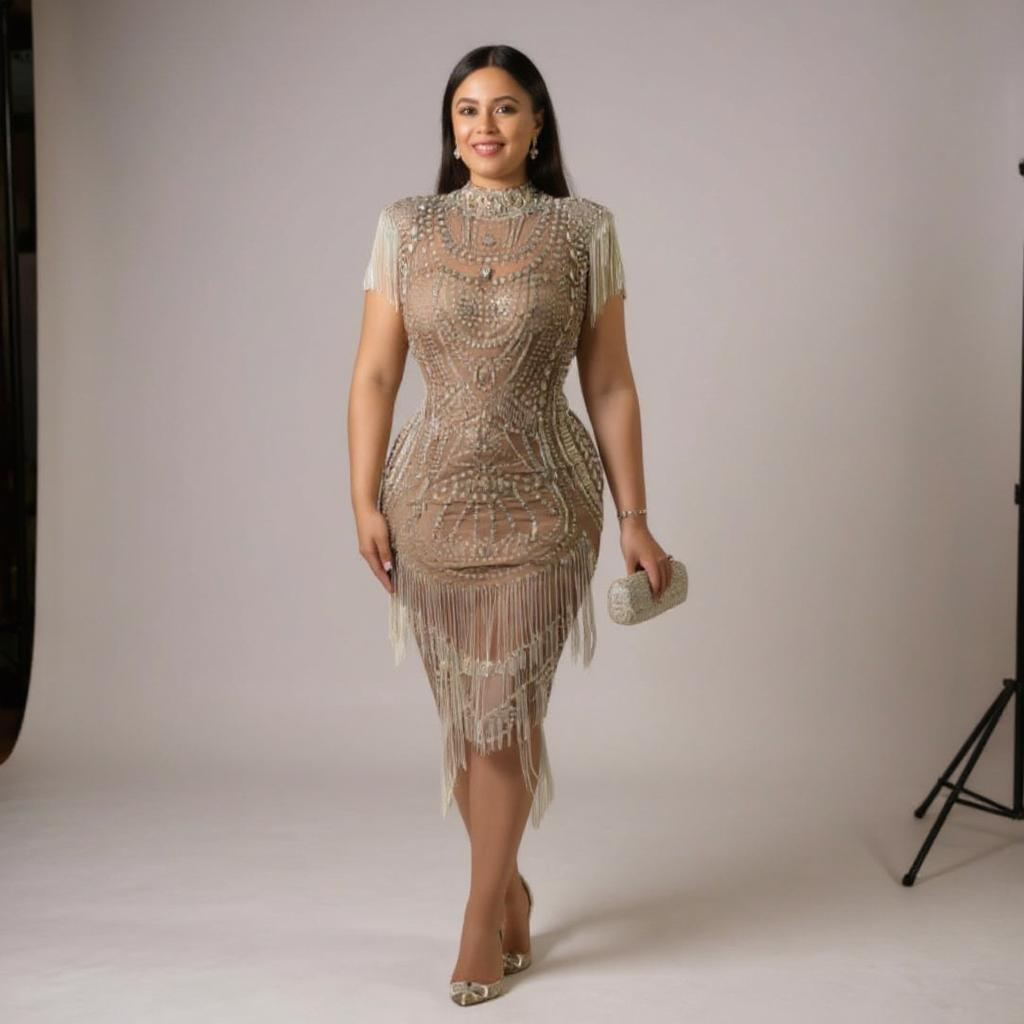 “Glimmer Flow” – Kneel Length Evening Embellished Gown