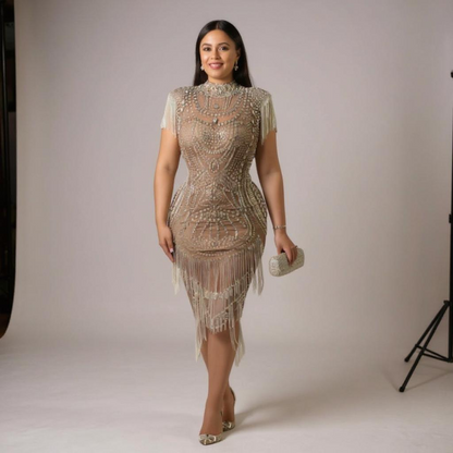 “Glimmer Flow” – Kneel Length Evening Embellished Gown